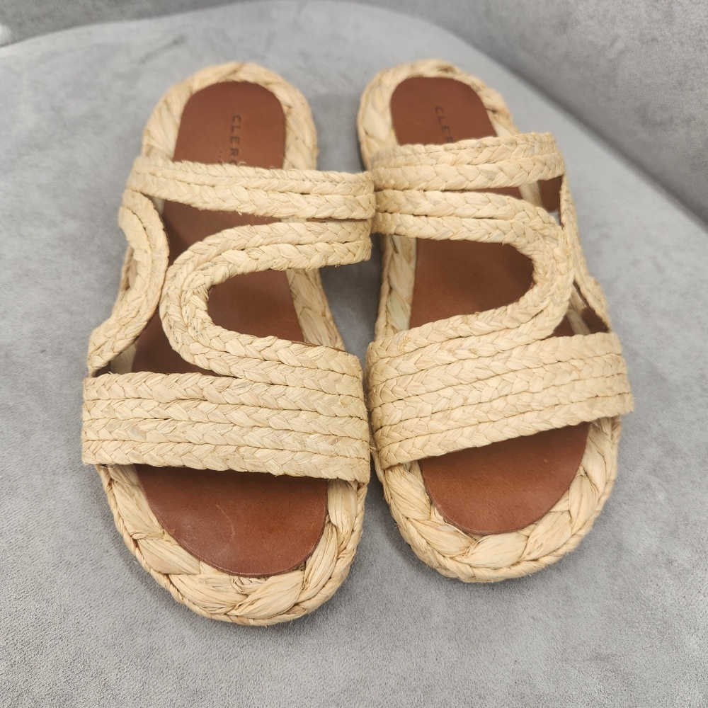 Clergerie Paris Sandals 8 Natural Raffia Aura Slides Handwoven Cut Out Luxury